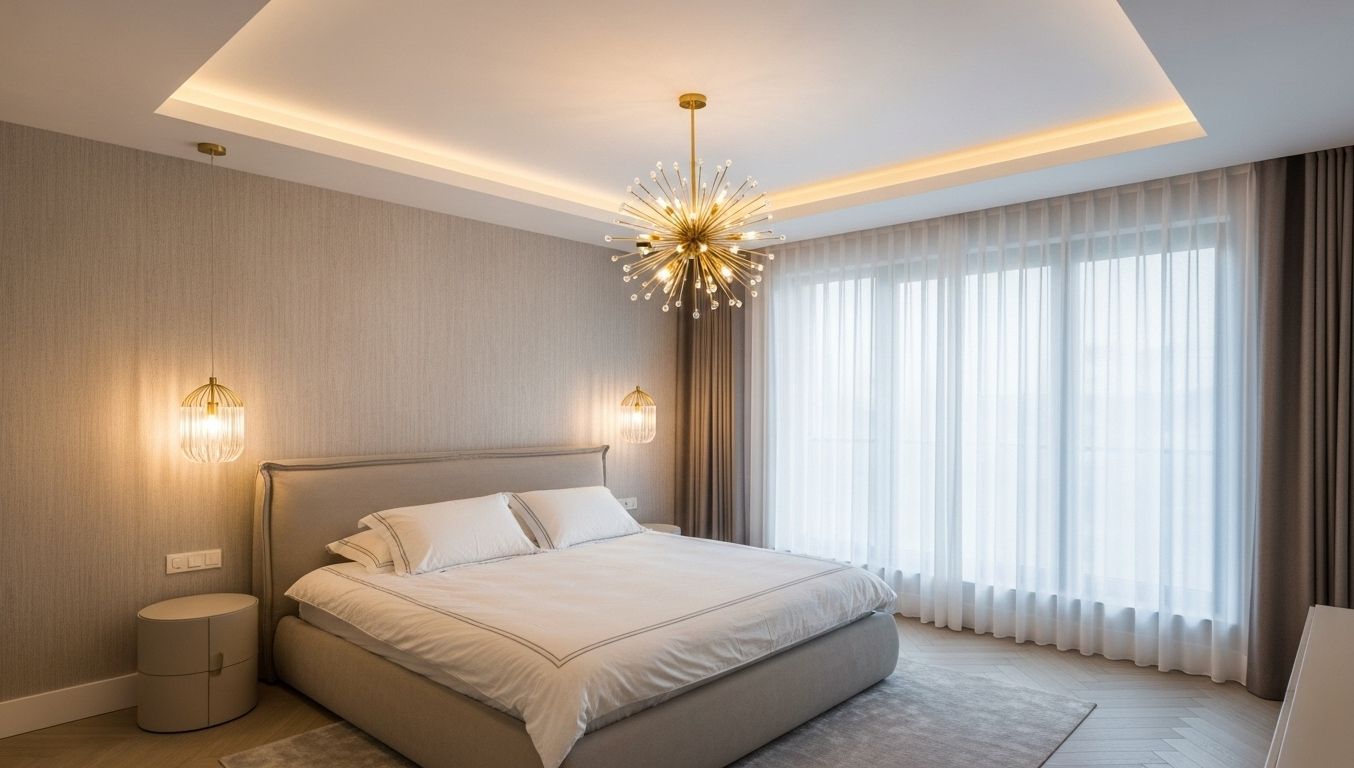 Bedroom with brass sputnik chandelier and layered warm lighting