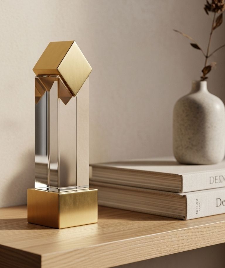 Gold award trophy on a wooden desk beside design books