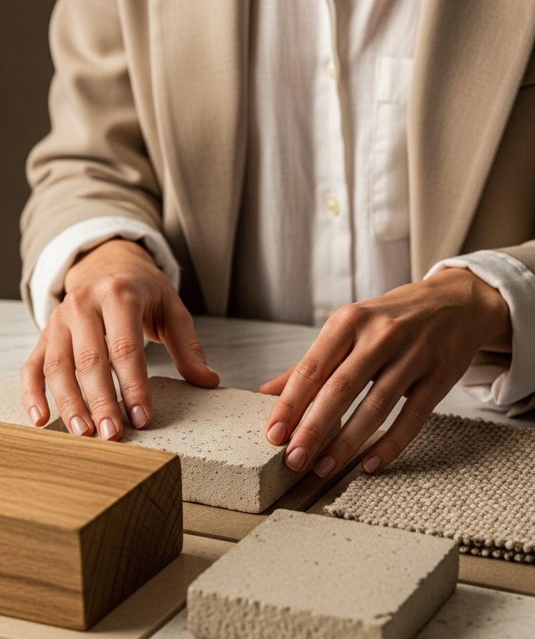 Designer reviewing wood, stone and fabric material samples