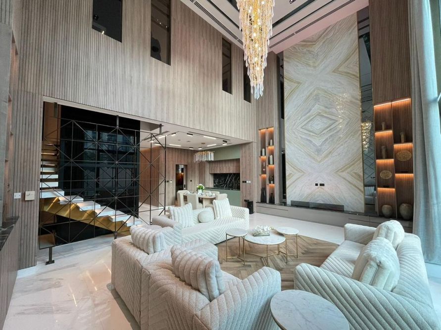 Luxury residential living room with layered lighting