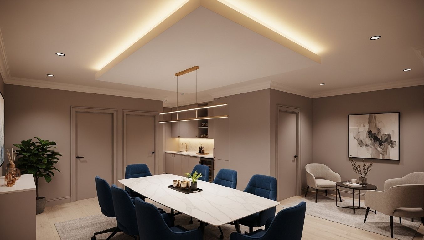 Commercial dining and lounge space with recessed ceiling lighting