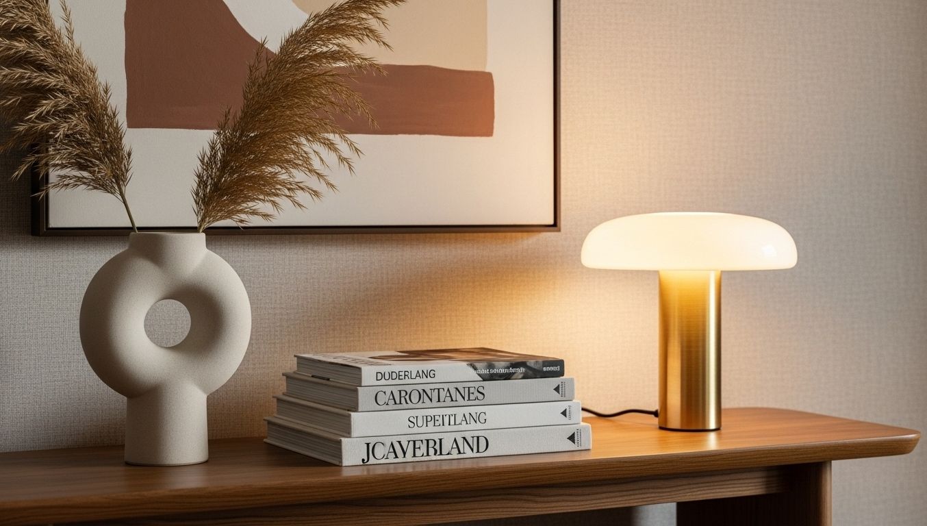 Styled console table with ceramic vase, table lamp and stacked books