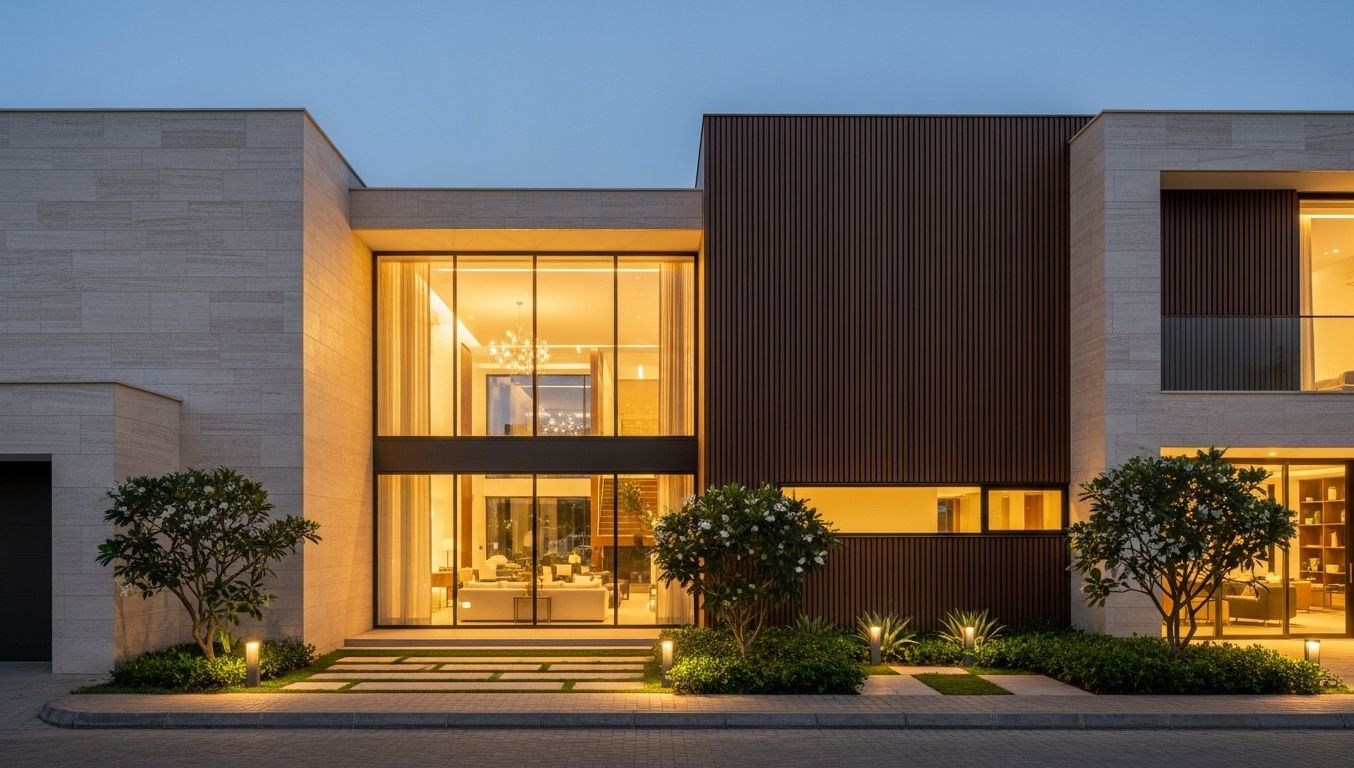 Contemporary home exterior with stone cladding and warm lighting