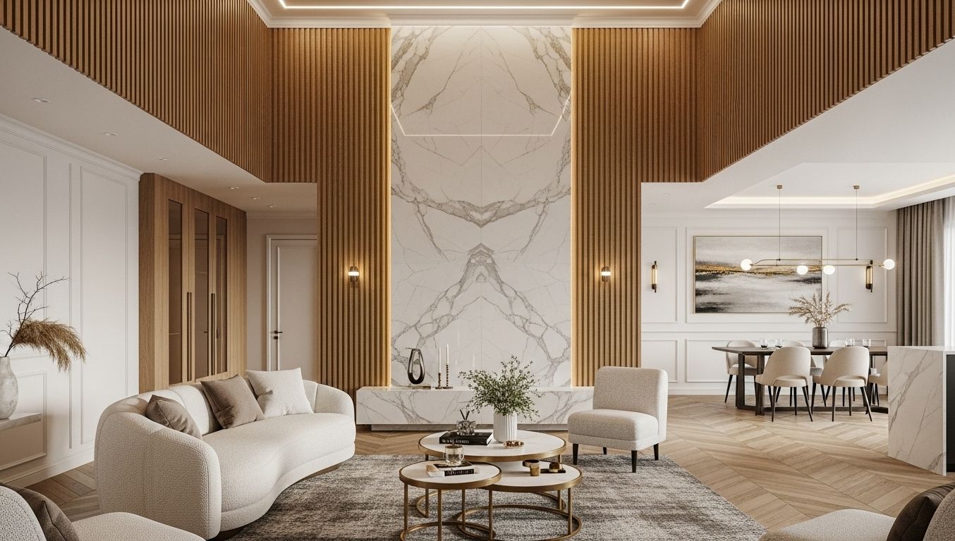 Residential living and dining space with gold wood panelling and marble feature wall