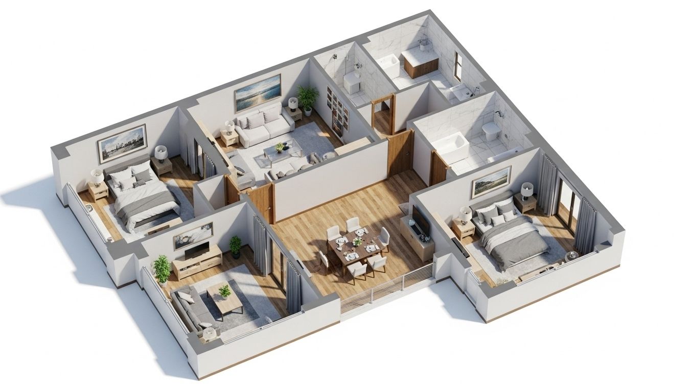3D rendered floor plan showing furniture layout across rooms