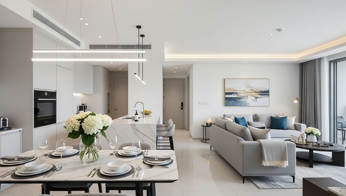 Move-in ready kitchen and living space with styled dining table