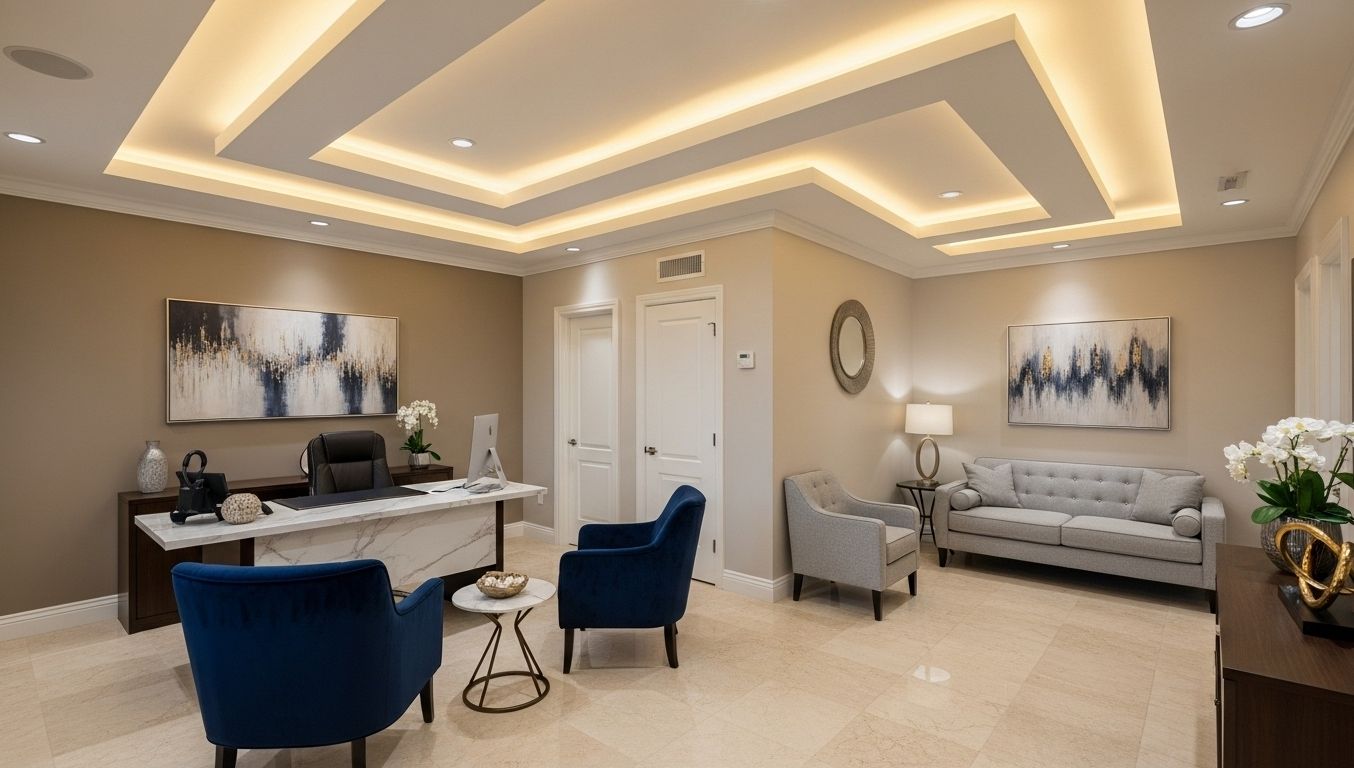 Warm neutral office reception and lounge