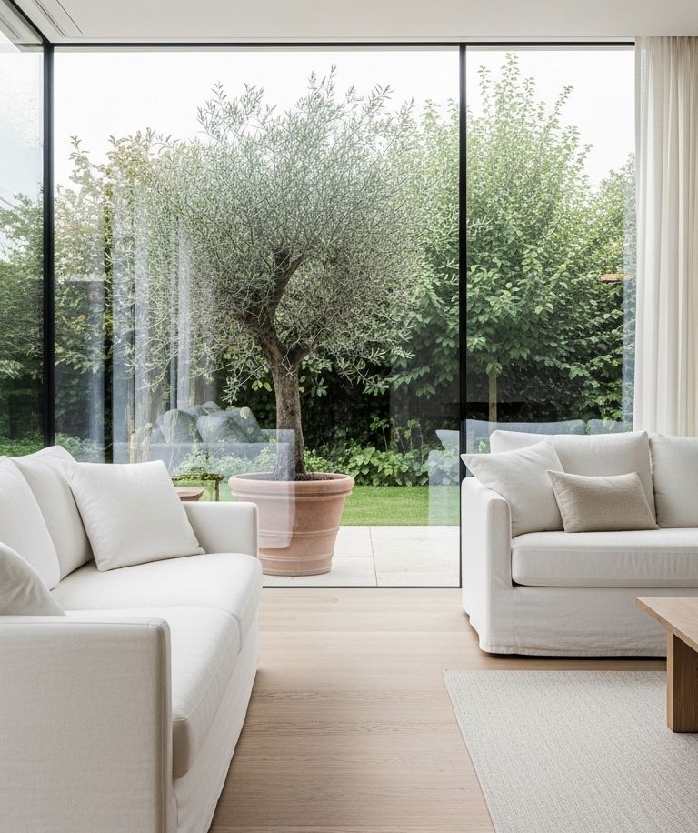 Bright living room with olive tree and natural light through floor-to-ceiling glass